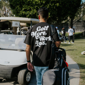 Golf After 5 embroidery on the front and Golf More, Work Less in puff print on the back, on 100% premium cotton shirt